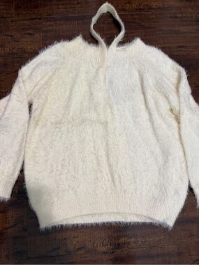 Express Cream Fuzzy Hooded Turtleneck Sweater